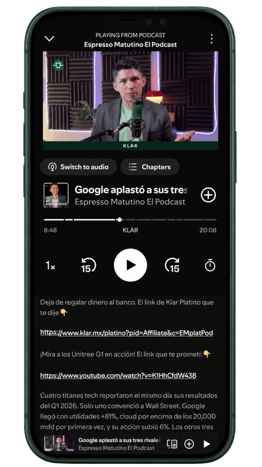 Mockup del podcast Espresso Matutino reproduciéndose en Spotify